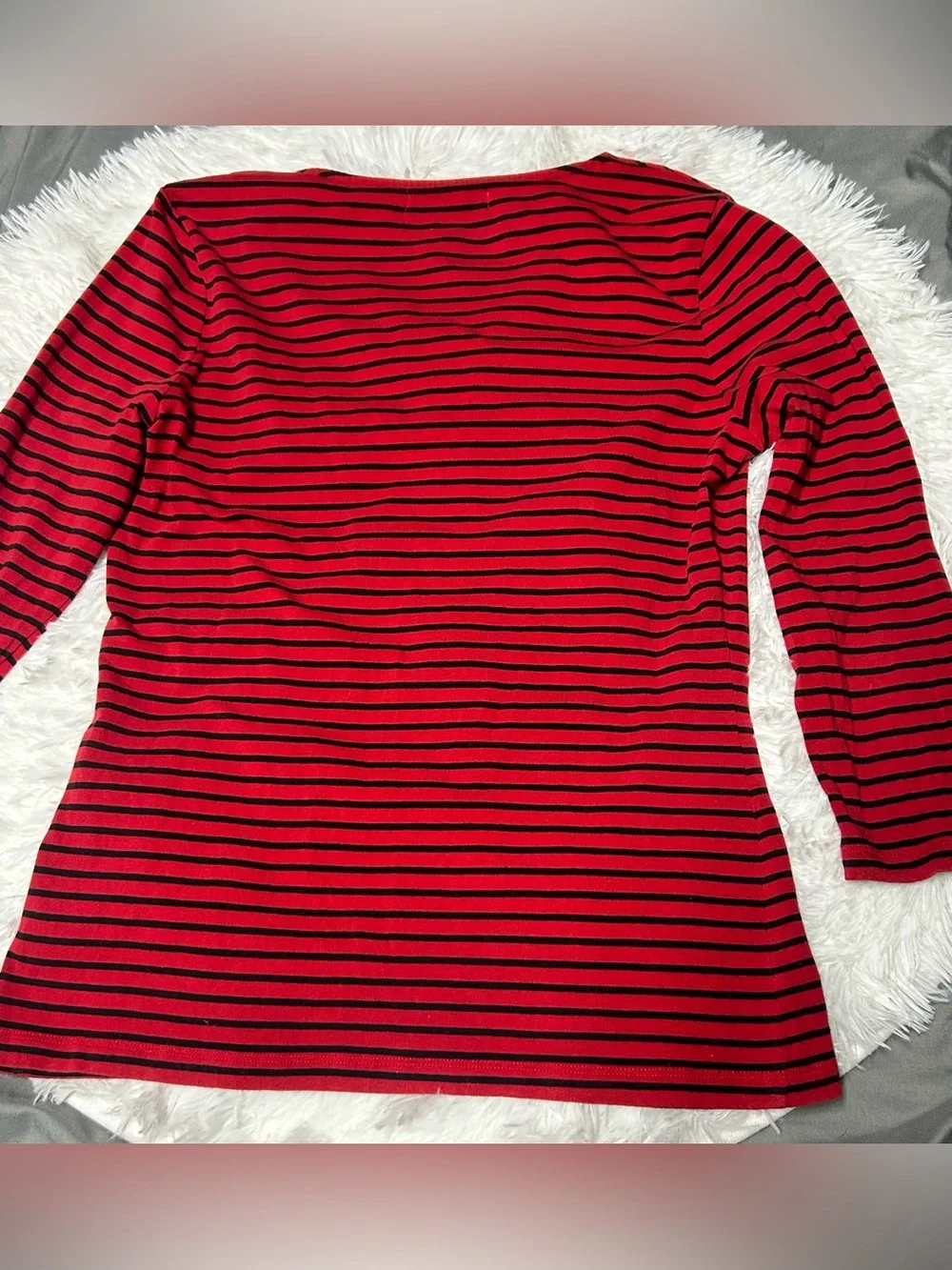 Michael Kors Red and Black Striped 3/4 Sleeve Zip Front Top